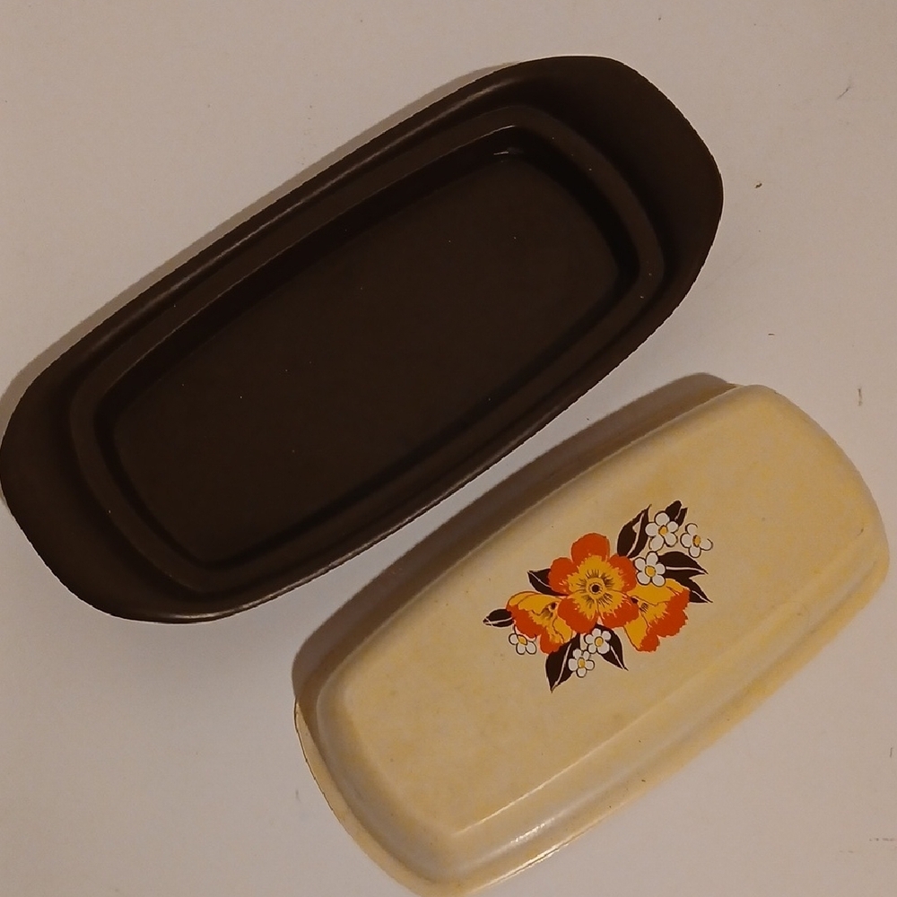 Vintage 70s Sterlite Tablemate Cream and Brown Floral Butter Dish - Picture 2 of 4